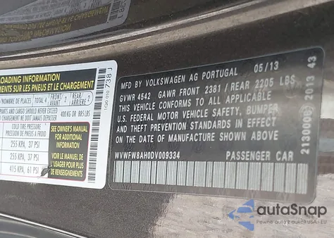 2013 Volkswagen Eos Lux z USA, uszkodzony, nr VIN WVWFW8AH0DV009334